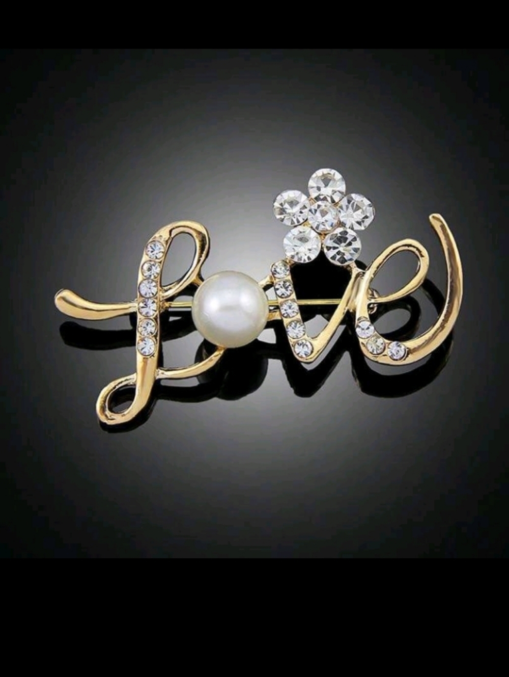 Golden 'Love' Script Rhinestone Faux Pearl Engagement Wedding Brooch Pin